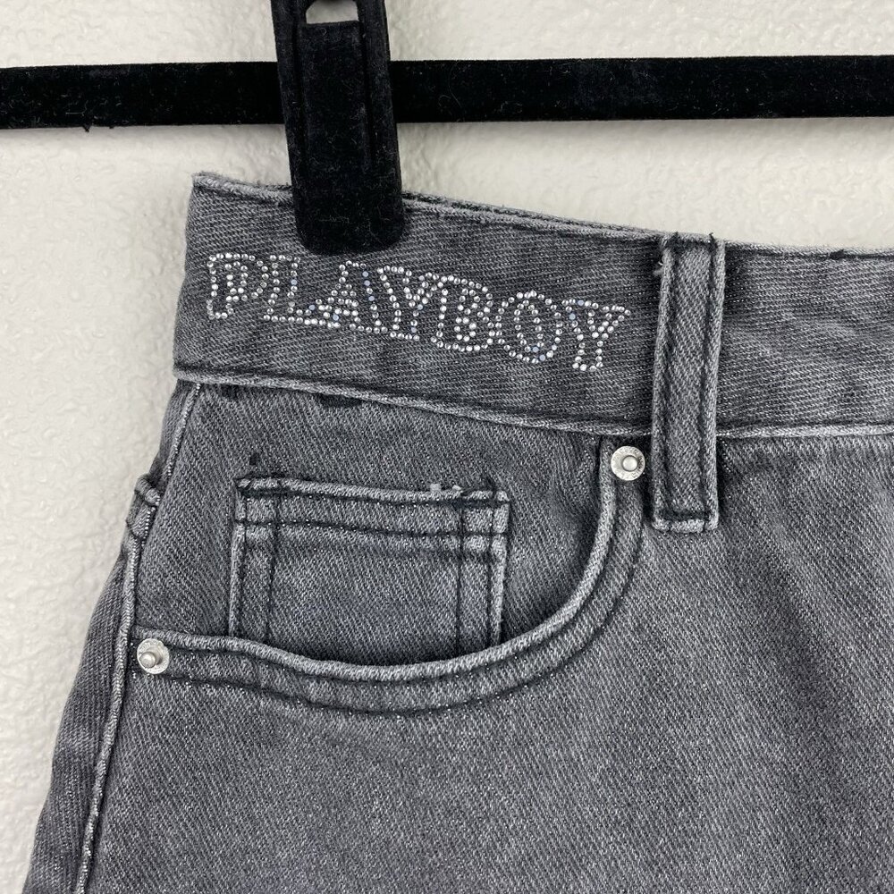 Playboy By Pacsun Women's 24 Black Denim High Rise Mini Skirt Bedazzeled Bunny - Picture 4 of 13